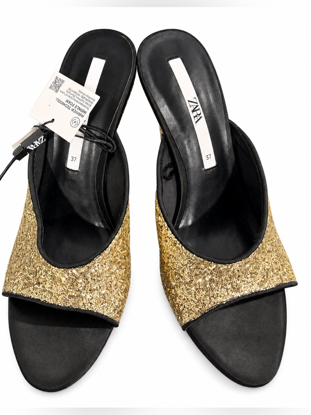 ZARA Gold Sequin Slide Mules with Black Footbed